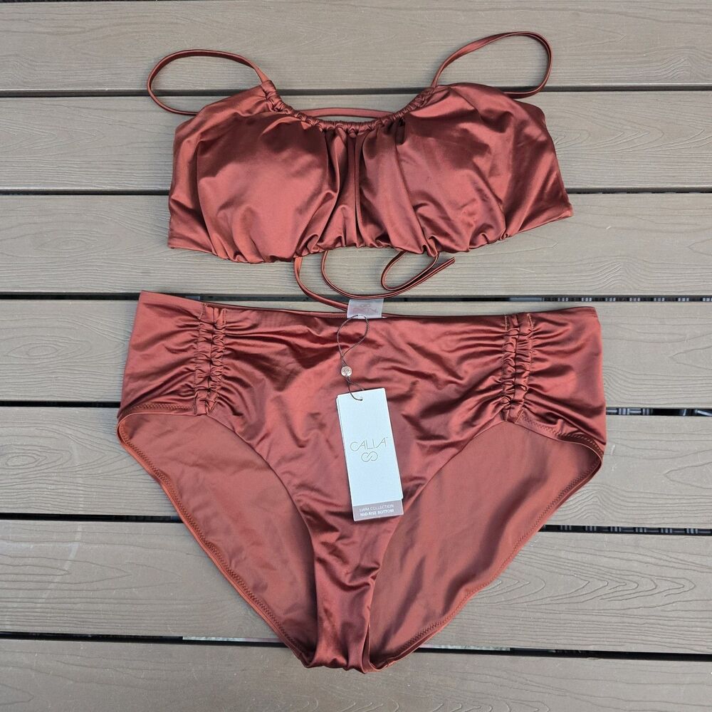 CALIA Women's Brown Shine Scrunched Tieback Top & Adjustable Tie Bikini Sz L New